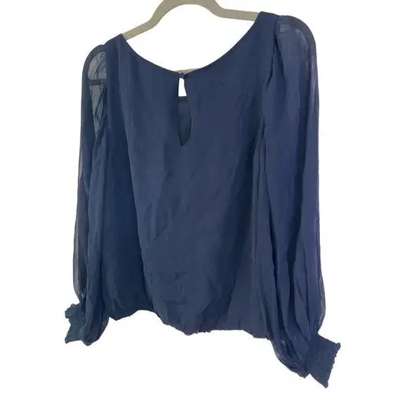 Alice + Olivia 100% Silk Sheer Blouson Sleeves Blouse Navy Blue Size MEDIUM
